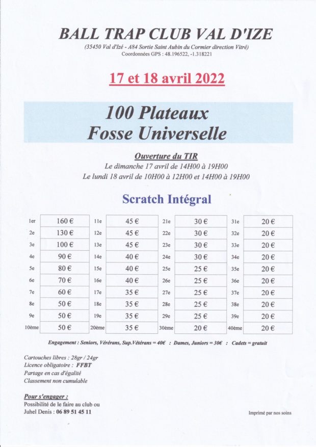 BTCHB Val d’Izé, 100 plateaux FU le 17 et 18 avril 2022